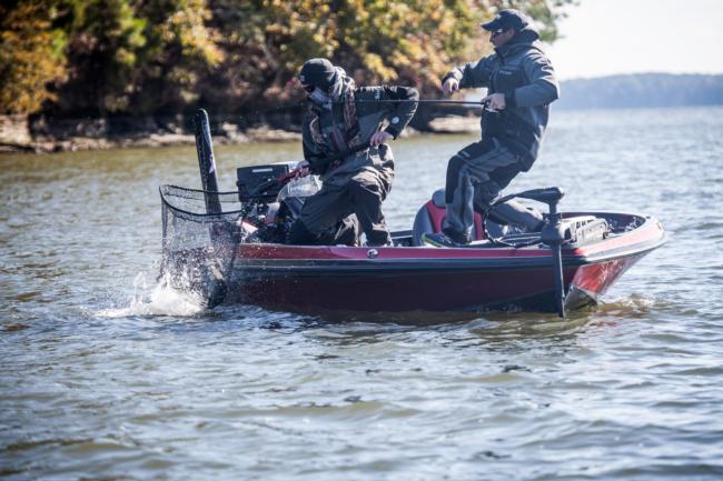 Bass number three battles his way to Bryan Thrift's boat on the final day of the Rayovac FLW Series on Wheeler Lake.