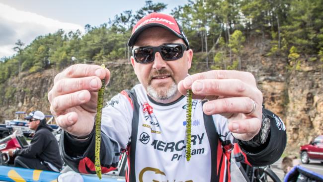 Tracy Adams captured fourth place with a watermelon-colored Zoom Trick Worm rigged on a Jackall Flick Shake jighead and a Texas-rigged Zoom Centipede in the same color. 

