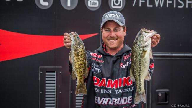 Pro Bryan Thrift sits in fourth place after day two of the Walmart FLW Tour on Beaver Lake; he brought 10-11 to the scale.