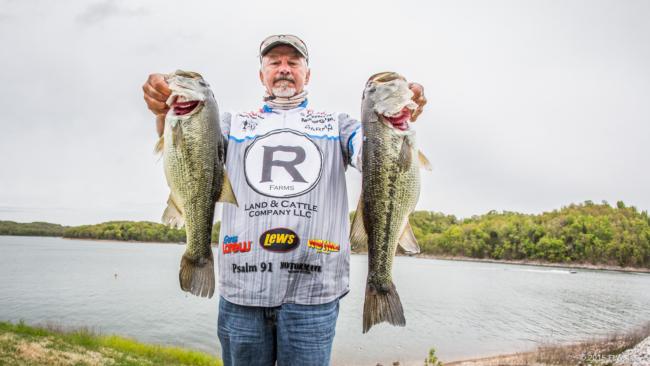 Pro Darrel Robertson sits in second place after day two of the Walmart FLW Tour on Beaver Lake. He brought 13-9 to the scale to finish the day just 11 ounces off the lead.